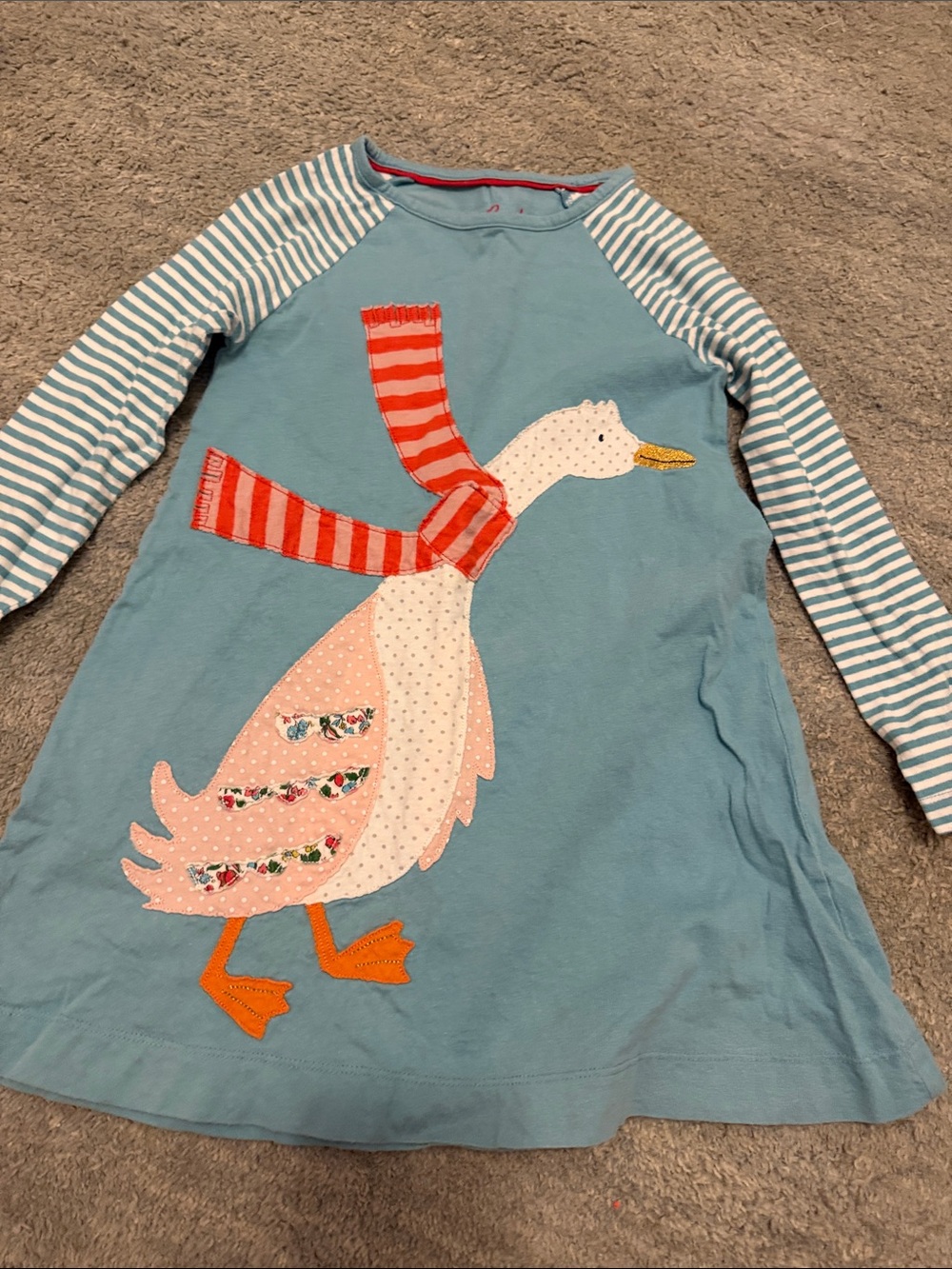 Mini Boden Light Blue Long-Sleeve dress with Duck Appliqué and Striped Sleeves